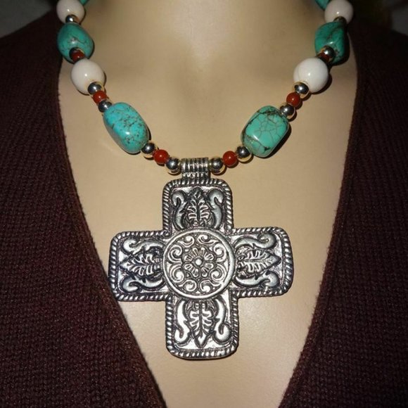 BIG Turquoise-Colored Magnesite Cross Necklace Set - Picture 1 of 4